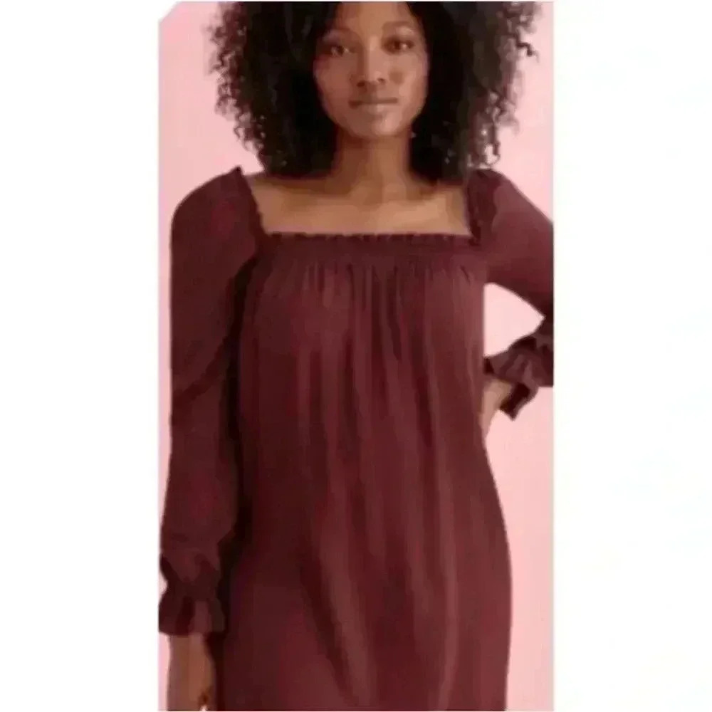 Reformation Hudson Smocked Long Sleeve Mini Dress Red Casual Square Neck Size S